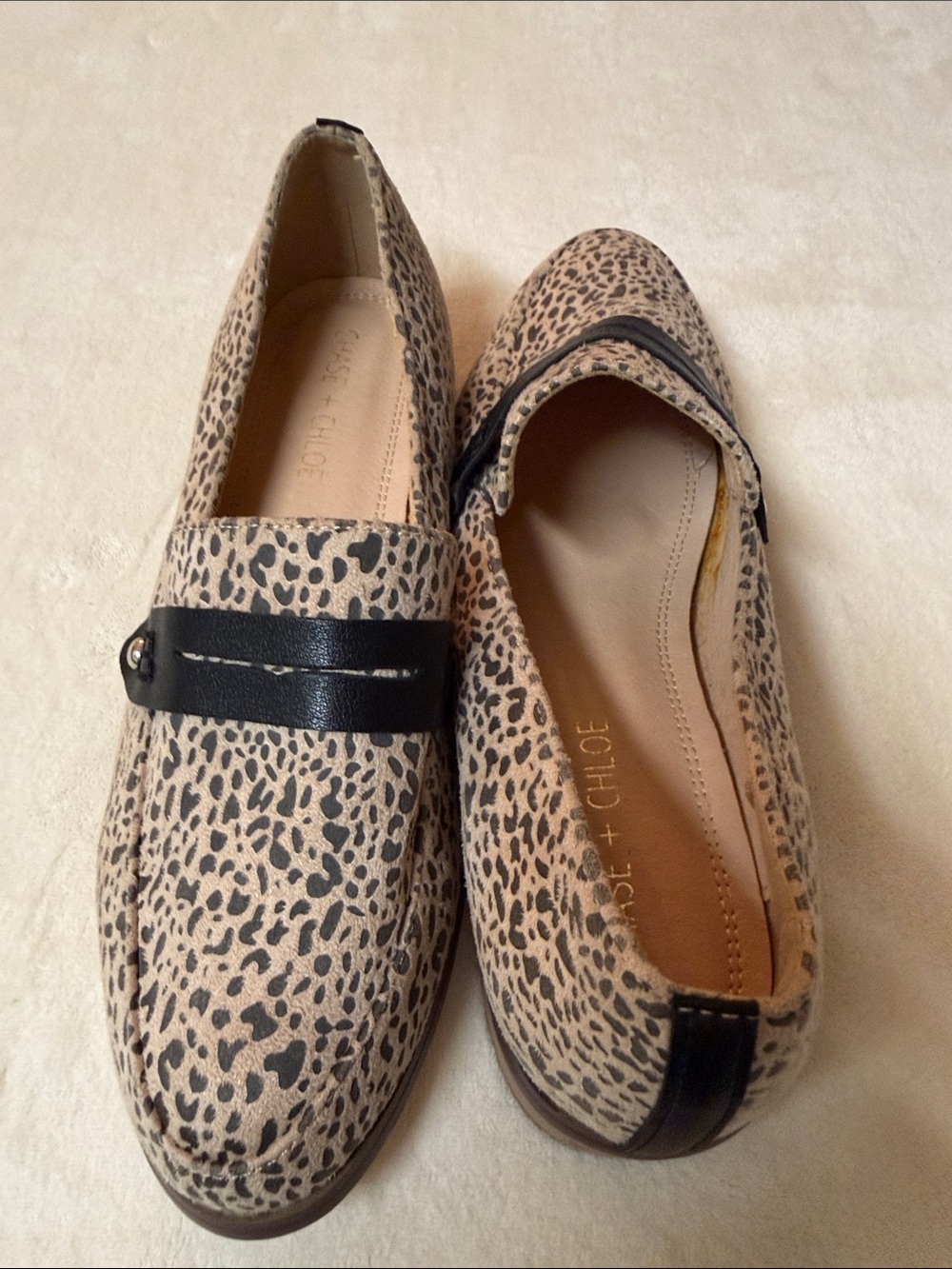 Chase + Chloe Leopard Print Tan and Black Loafers